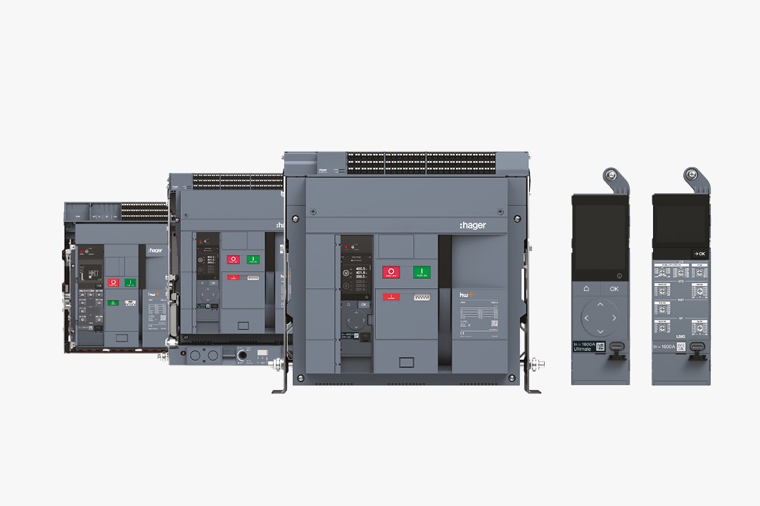 Collage der offenen Leistungsschalter HW1, HW2 und HW4 von Hager sowie der kompatiblen Ausslöseeinheiten sentinel LI, LSI und LSIG